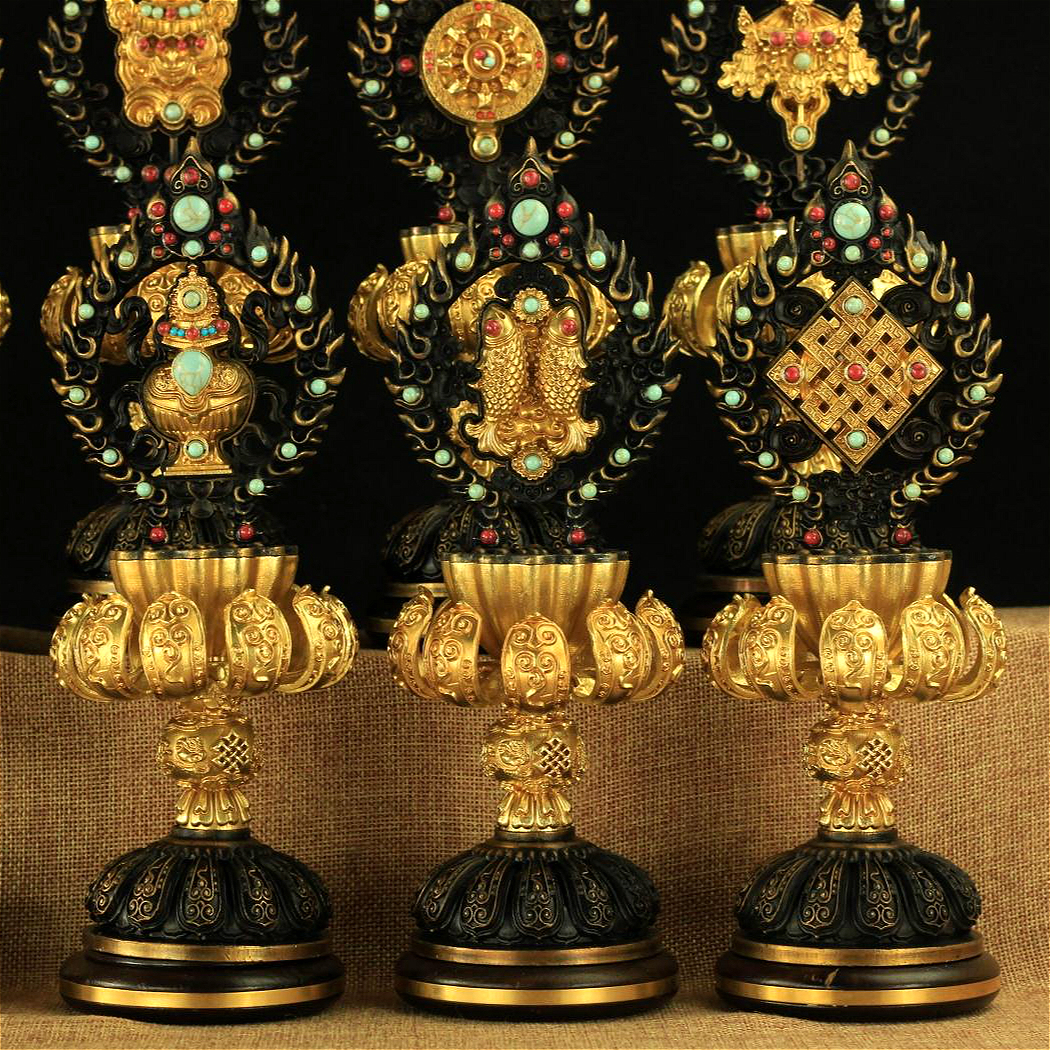 摆件藏传用品精工密宗法器供品高脚纯铜八吉祥摆件