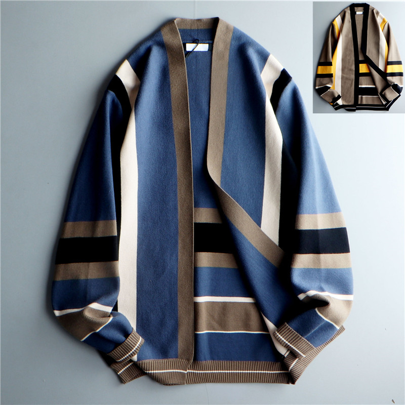 升级爆款~偏厚~男无扣敞穿V领条纹针织衫韩版休闲撞色线衣外套39