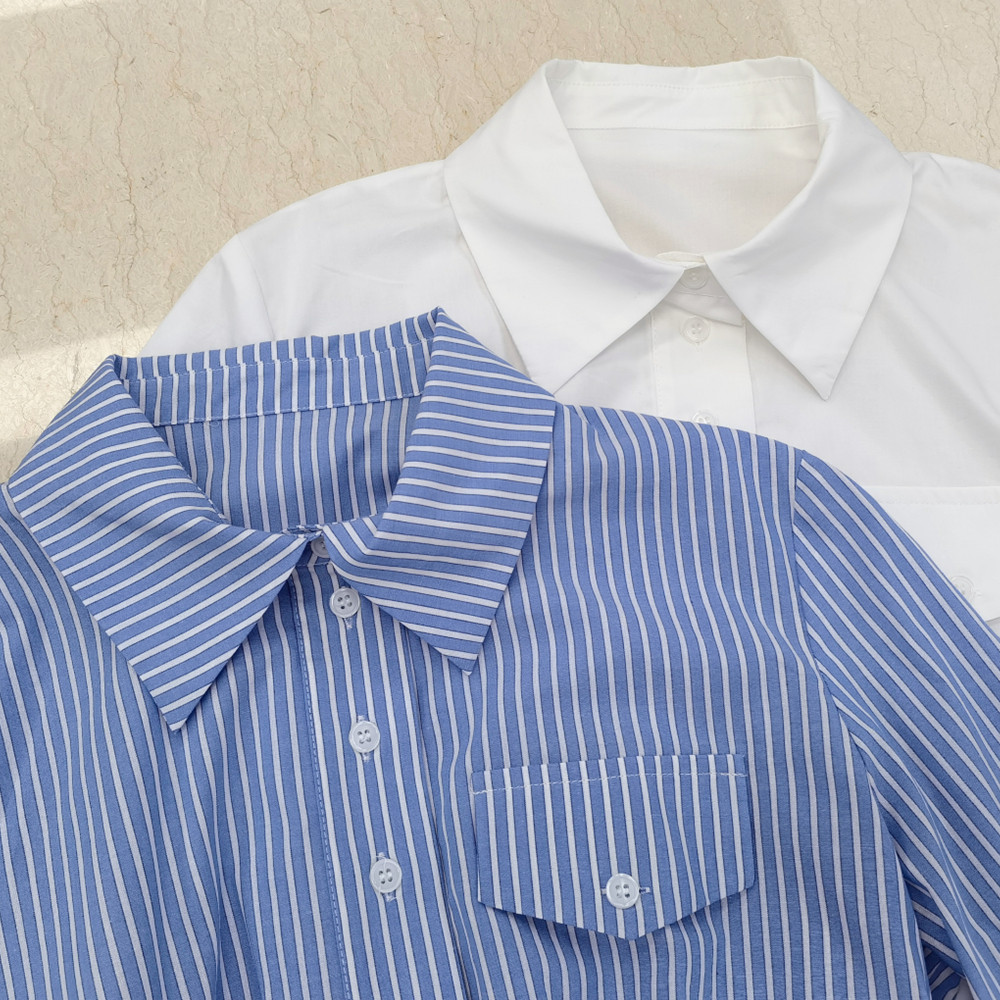 lovely宽幅弹力打揽下摆套头衬衫长袖半开开襟衬衫