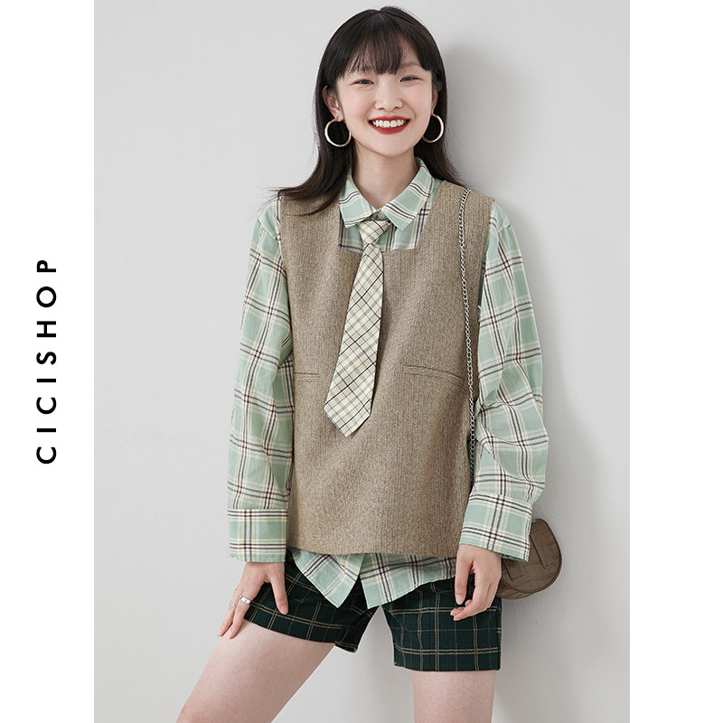 cicishop2021卡其色方领百搭休闲宽松薄呢纯色背心马甲短外套