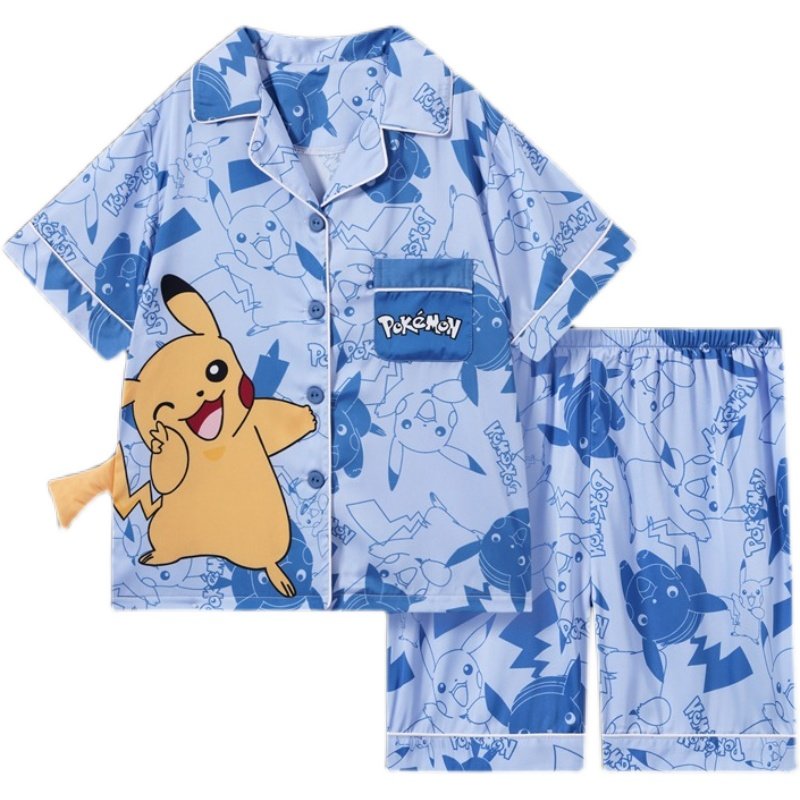 皮卡丘睡衣儿童夏季薄款冰丝短袖卡通开衫男童大童家居服套装12岁