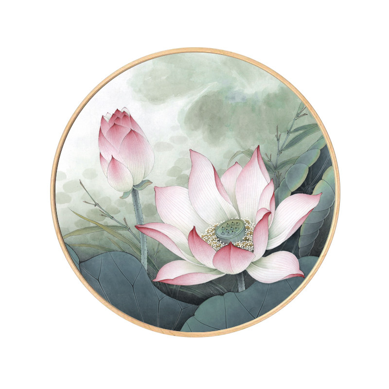 玄关中式走廊过道墙面客厅装饰画圆形新中式荷花现代装饰画