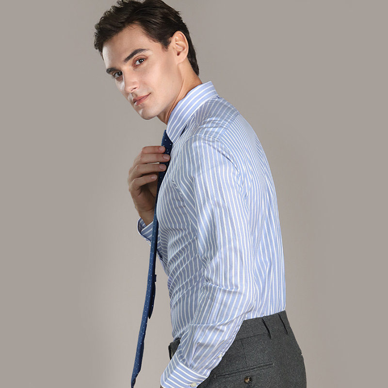 灰蓝色条纹长袖衬衫英式帅气衬衣正装礼服免烫衬衫