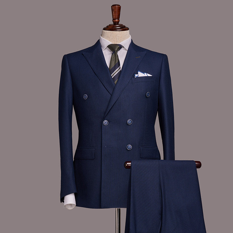 蓝色西服套装男双排扣戗驳领新郎结婚礼服正装三件套男士婚礼西装