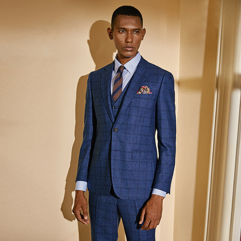 高端西装套装蓝色格子定制羊毛正装英伦风商务西服套装