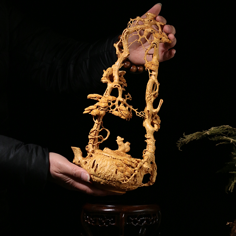 小叶黄杨木雕摆件大师作品提梁壶纯手工中式木雕