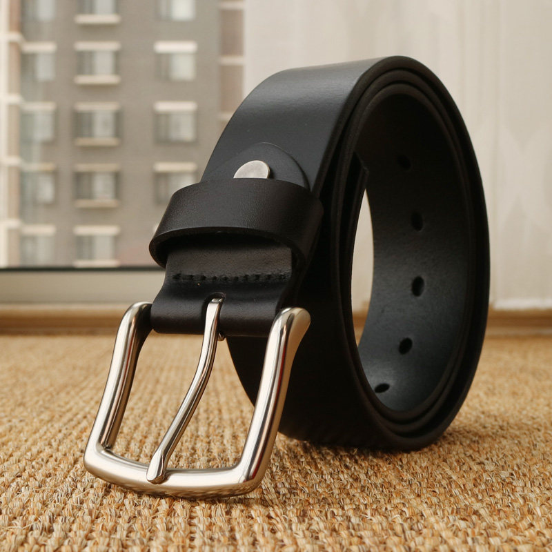 耐用时尚帅气头层牛皮百搭男士商务休闲西裤腰带裤带男针扣黑色