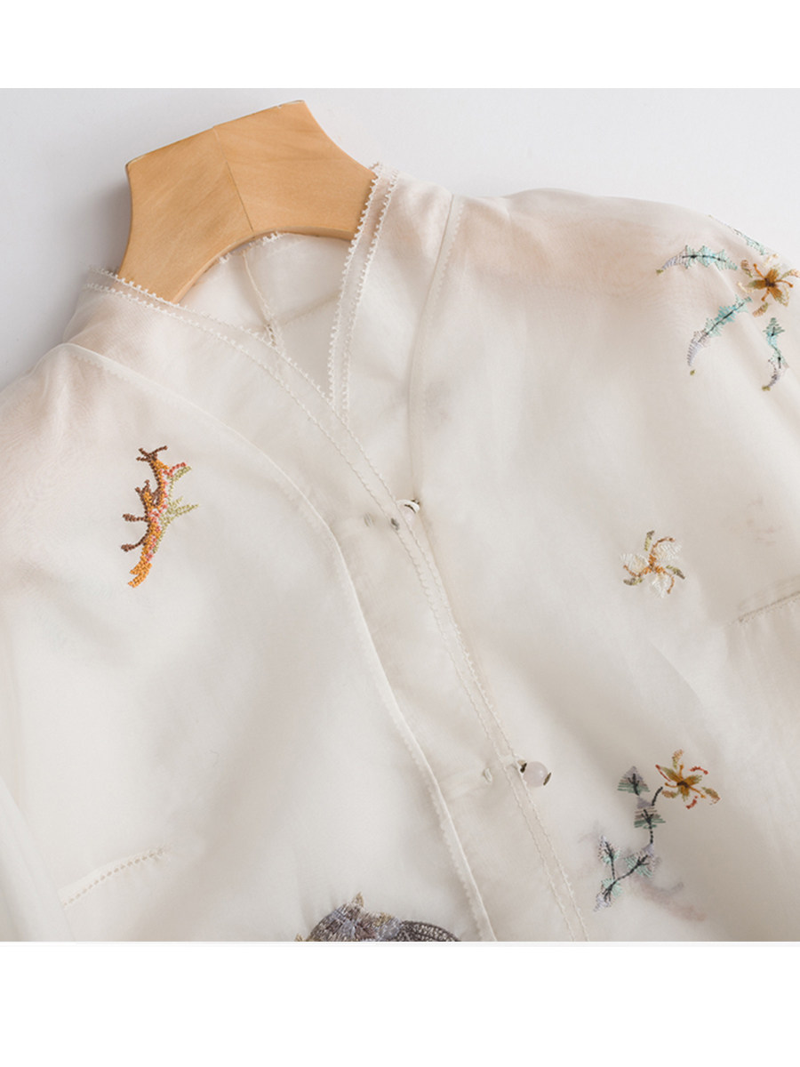 cjjh041春夏新款松柏真丝刺绣手工珠扣中式改良衬衫