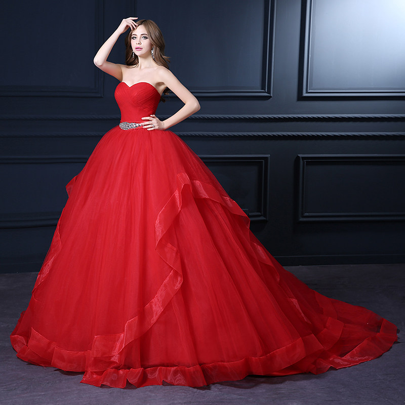 2017新款韩版时尚简约风格新娘抹胸显瘦结婚红色彩色拖尾婚纱礼服