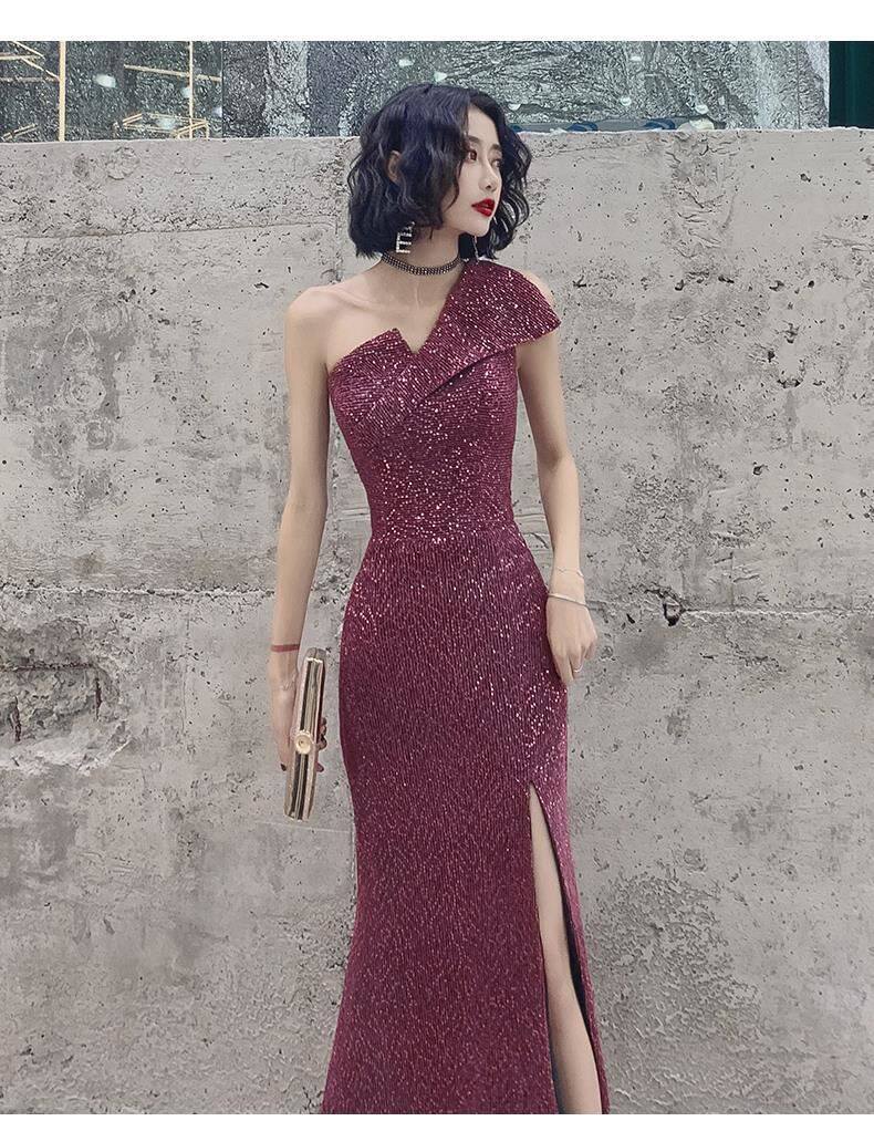 宴会晚礼服夏长款单肩开叉鱼尾纯色连衣裙主持人模特连衣裙