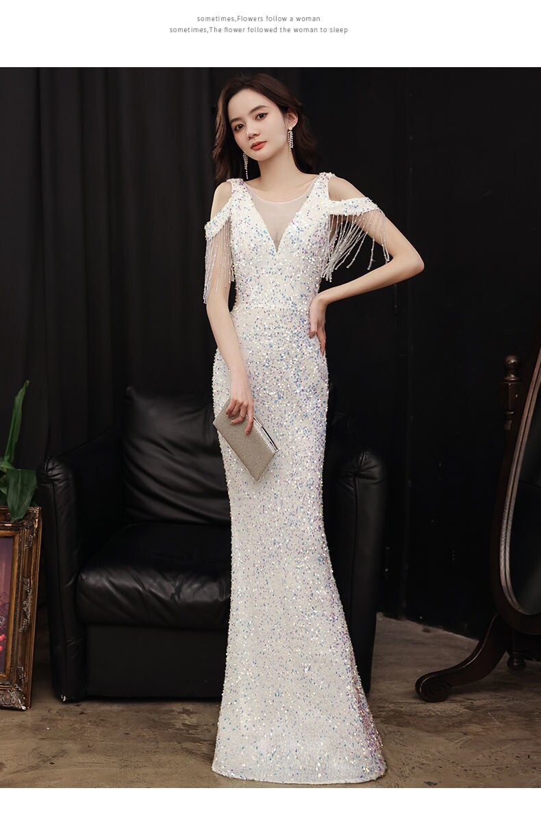 年会元旦礼服新款晚宴宴会气质名媛流苏亮片主持人连衣裙