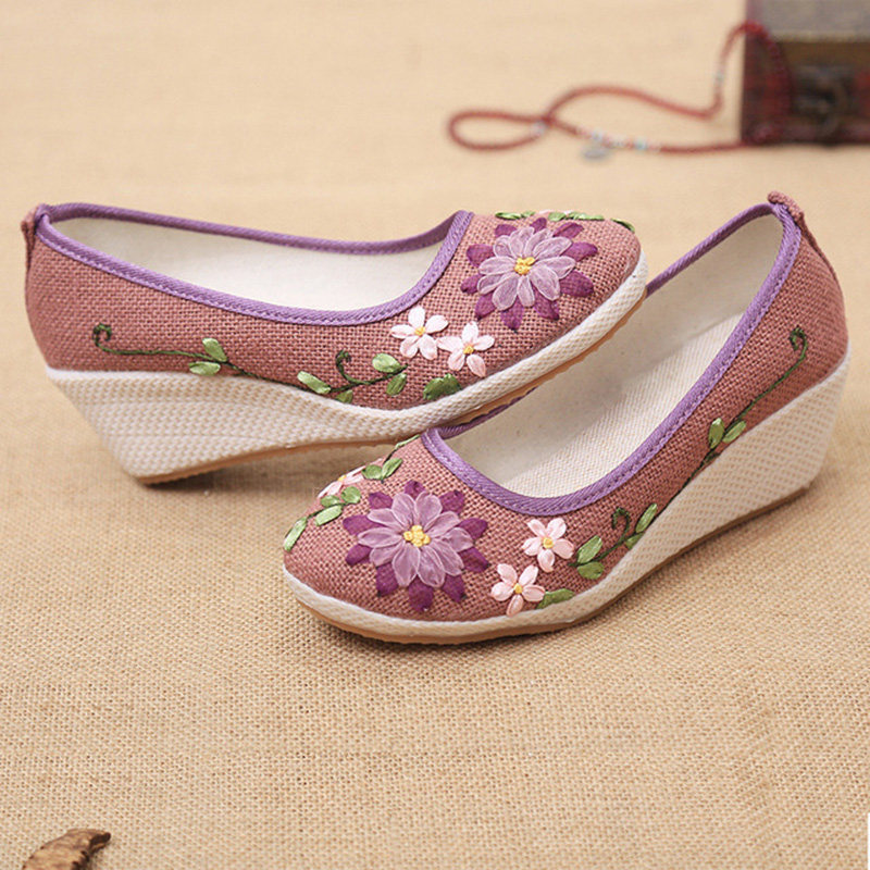 老北京布鞋牛筋5cm坡跟民族风亚麻棉麻广场舞京剧脸谱绣花鞋单鞋