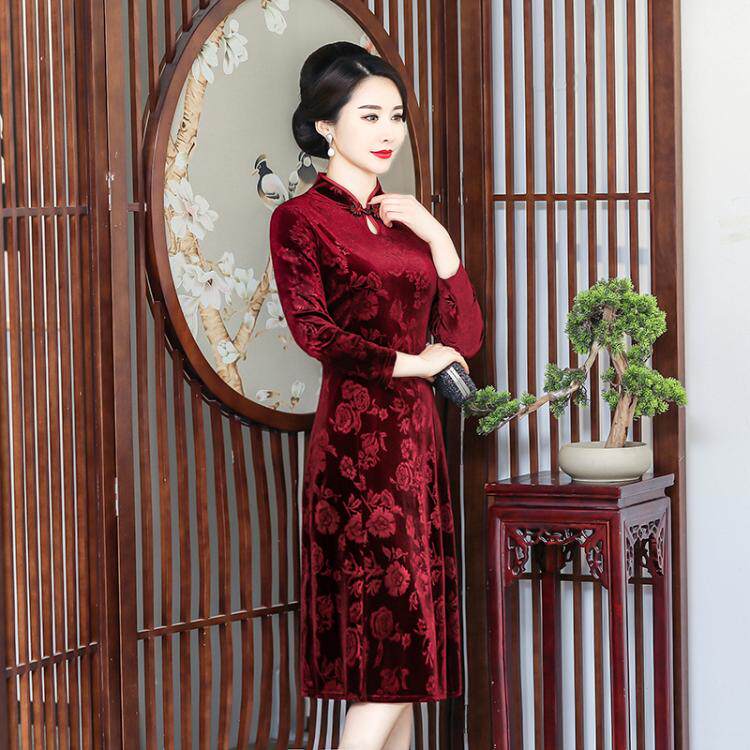 金丝绒旗袍中年妇女士妈妈连衣裙洋气质长袖婚宴结婚礼服