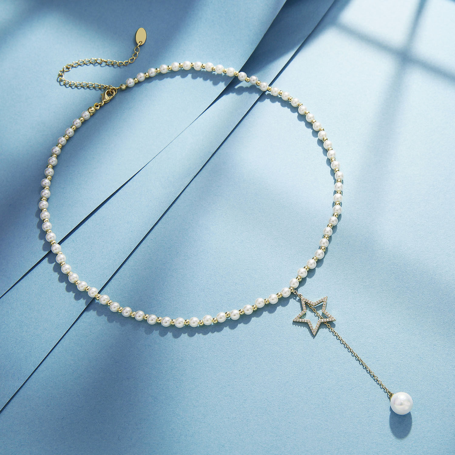静风格珍星之吻优雅水晶人工珍珠短链微镶人工锆石星星颈链项链女