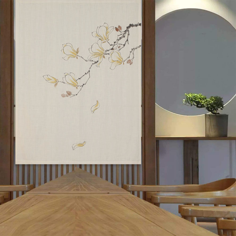 中式门帘隔断帘婚房卧室中国风布帘房间手绘玉兰门帘家用布卷帘