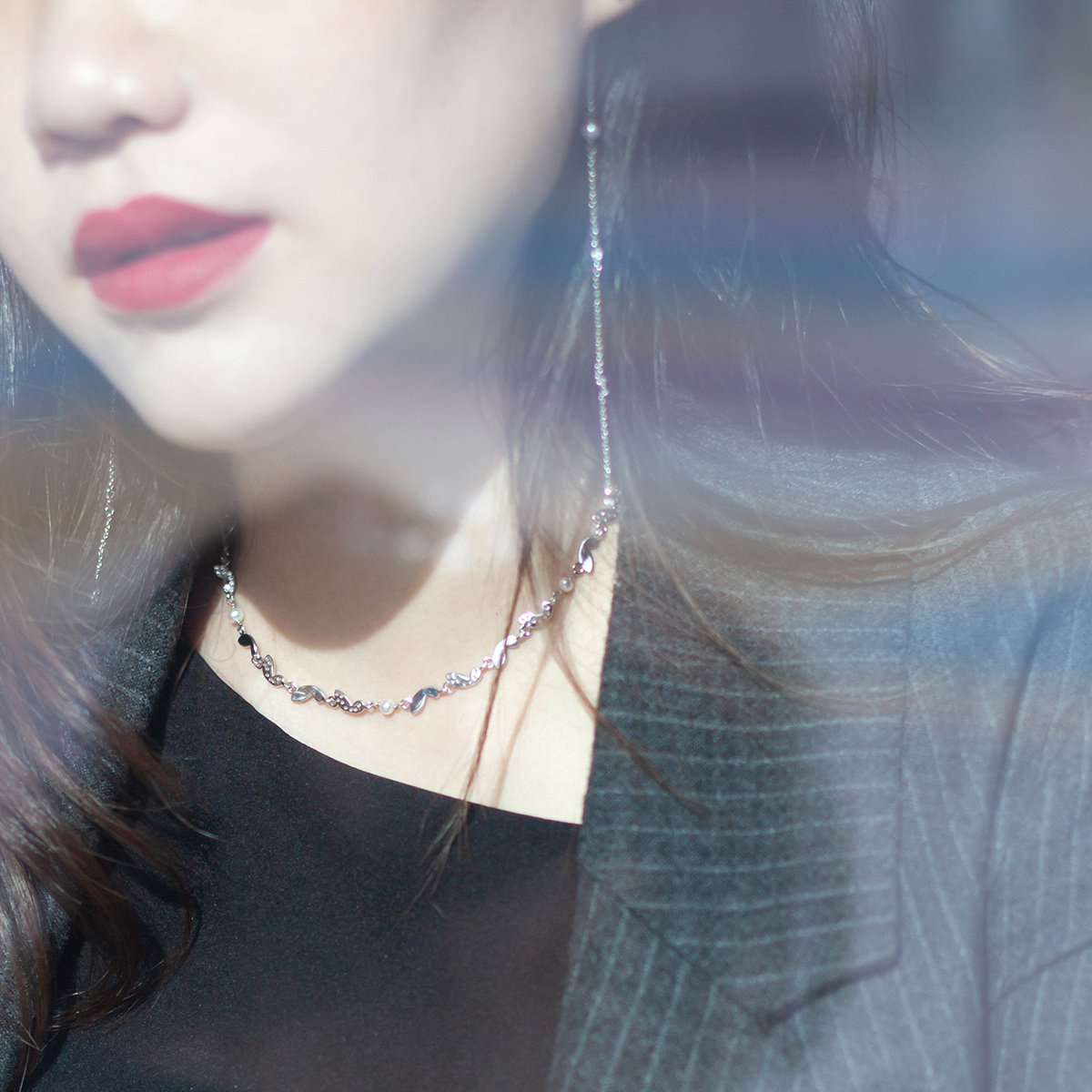 missqueeny奎妮小姐蝴蝶结拼接闪亮项链少女精致银饰项链