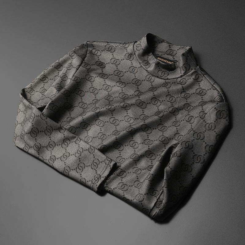 2022新款春秋男士半高领打底衫男潮牌印花长袖T恤丝光棉修身小衫