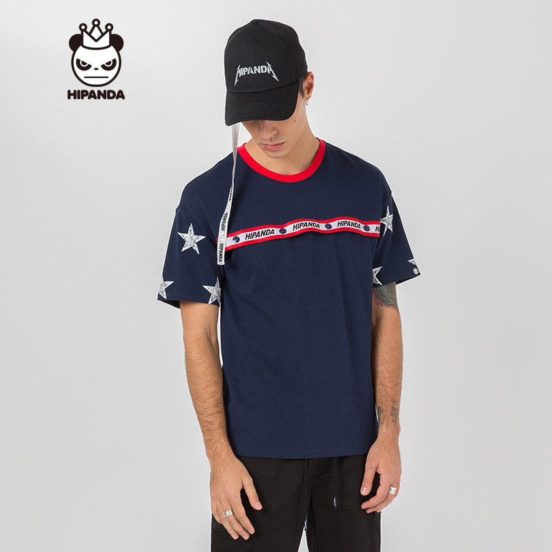 hipanda你好熊猫男款星星织带宽松休闲短袖街头t恤