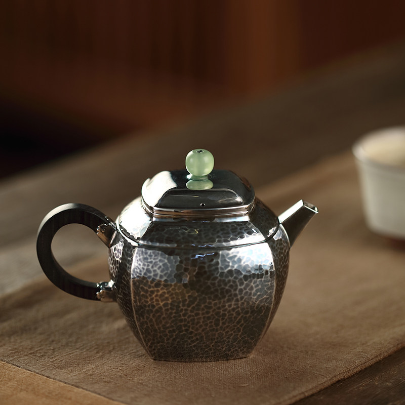 好茗天银壶小品壶185ml功夫茶具泡茶壶999纯银冲茶壶手工八方壶