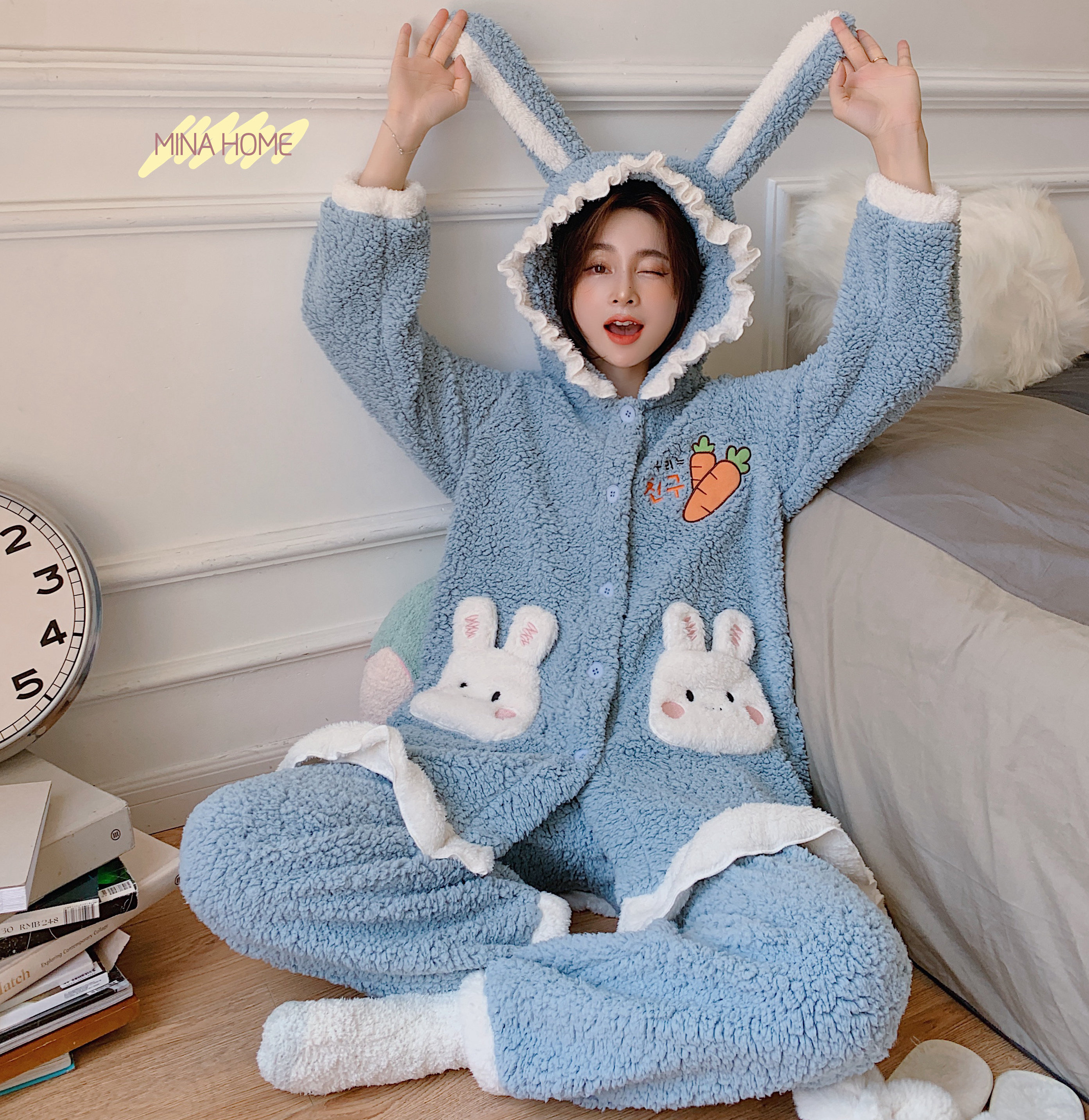 秋冬泡泡加厚睡衣小兔子胡萝卜家居服可爱可爱兔兔耳朵睡衣