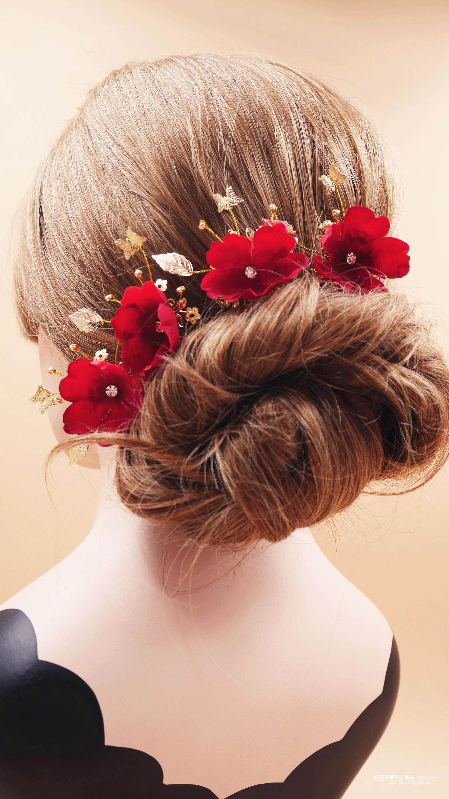 手工新娘晚礼服中式裙褂配饰红色头饰点缀造型发饰