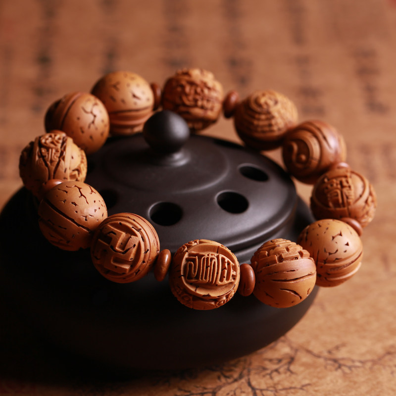 桃核天然文玩手串男女雕刻四象八卦核雕佛珠手链