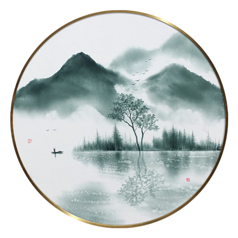 手绘风景油画客厅玄关圆形装饰画新中式意境山水画 挂画餐厅壁画