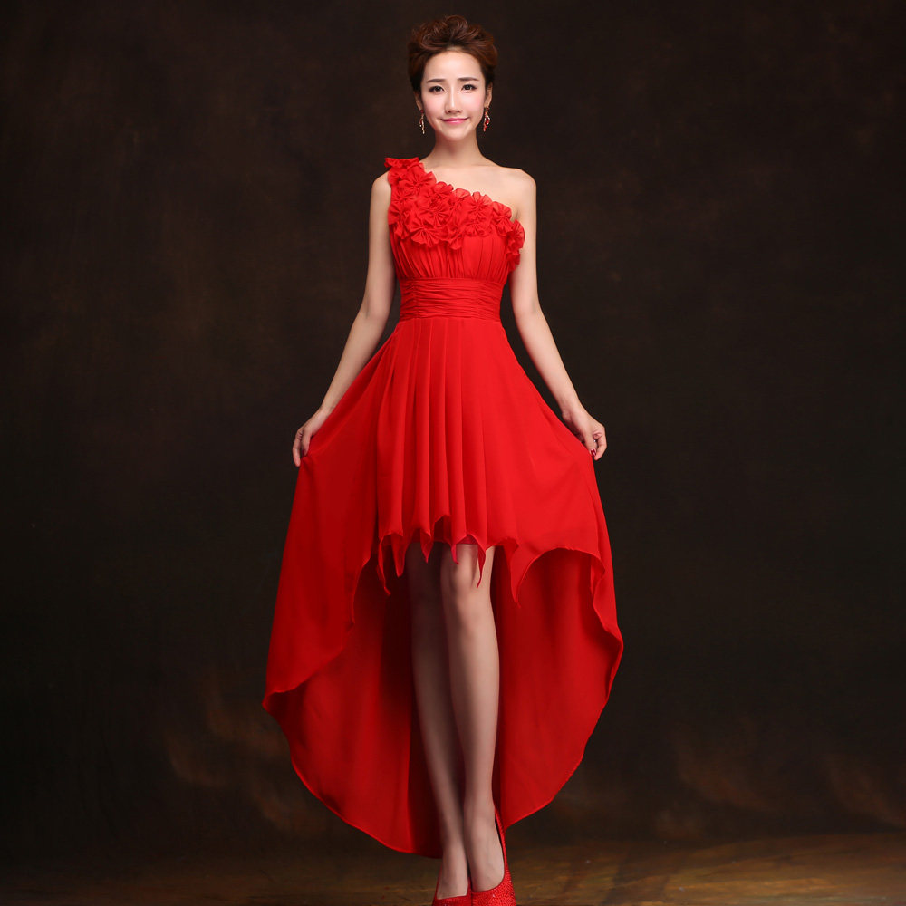 伴娘服短款春2017新款红色单肩新娘结婚敬酒服宴会晚礼服连衣裙女