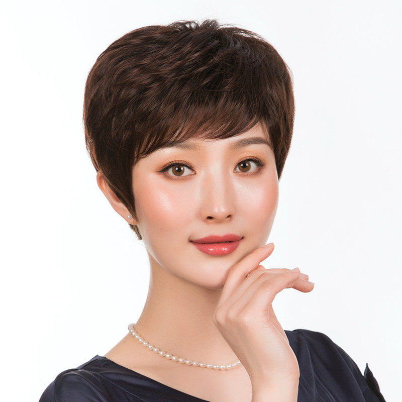 假发女短发短直发女士中老年款送妈妈真人发丝卷发型圆脸轻薄头套