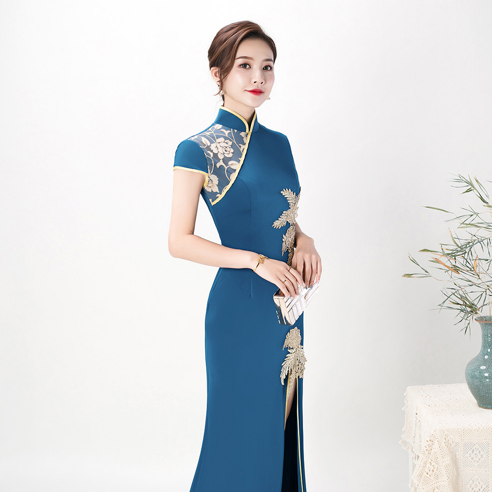 紫缘萱中式开叉改良旗袍年会晚礼服孔雀蓝长款模特礼服