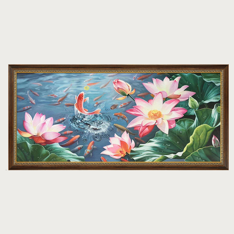 荷花餐厅有余连年风水图横版鲤鱼装饰画油画