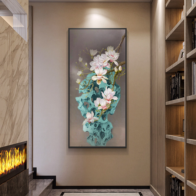 竖版玉兰花挂画过道走廊美式装饰画玄关手绘客厅油画