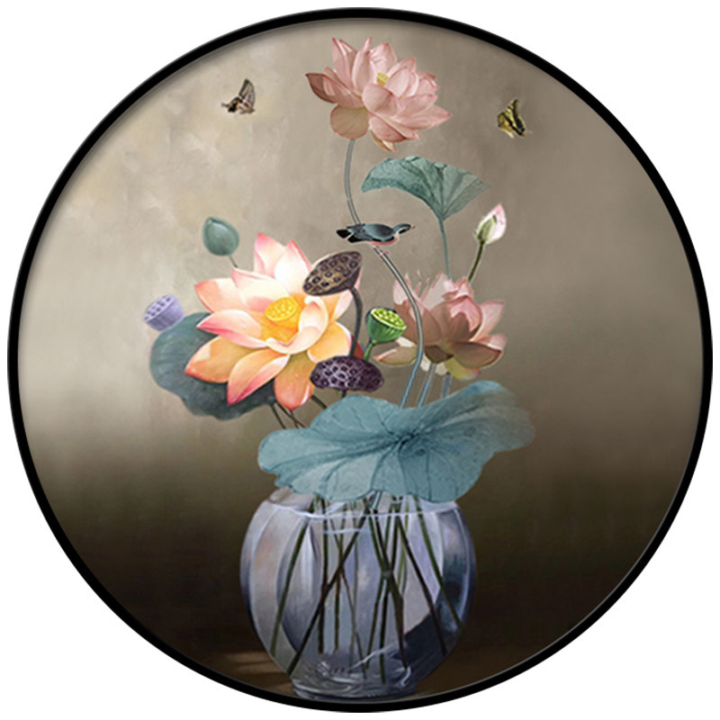 圆形壁画玄关挂画花卉中式手绘新中式装饰画餐厅油画