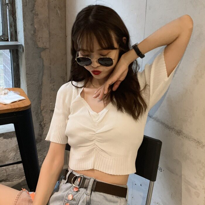 短袖女ins潮短款露脐针织v领t恤薄款修身显瘦韩版学生百搭上衣夏