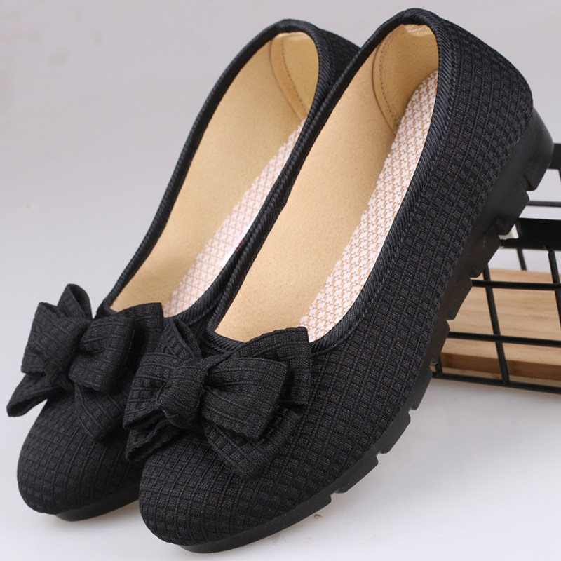 老北京布鞋女单鞋浅口时尚平底蝴蝶结舒适透气软底黑色工作鞋女鞋