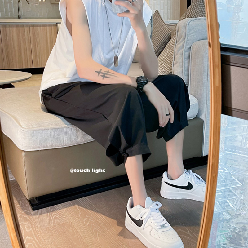 纯色7七分裤男夏季薄款潮牌ins马裤宽松冰丝短裤潮流大码休闲裤子