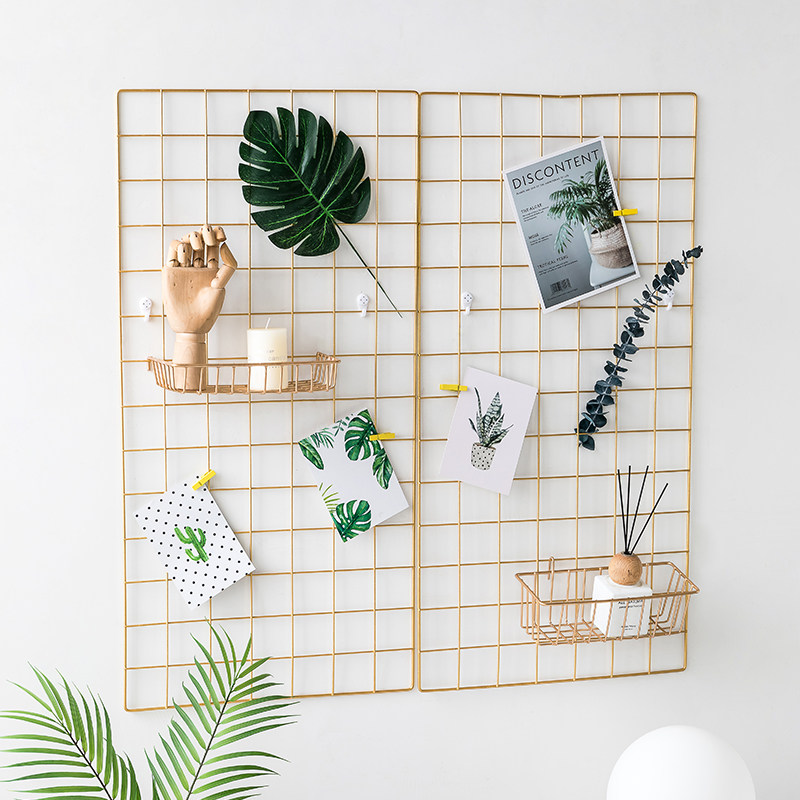 网格照片墙装饰ins 免打孔置物架挂墙北欧卧室网红房间布置相框墙