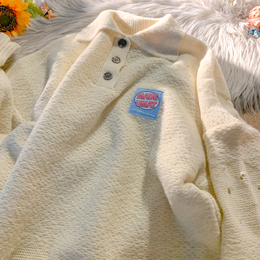 PeterWoo polo领设计感简约ins风青春学生小清新情侣针织衫毛衣