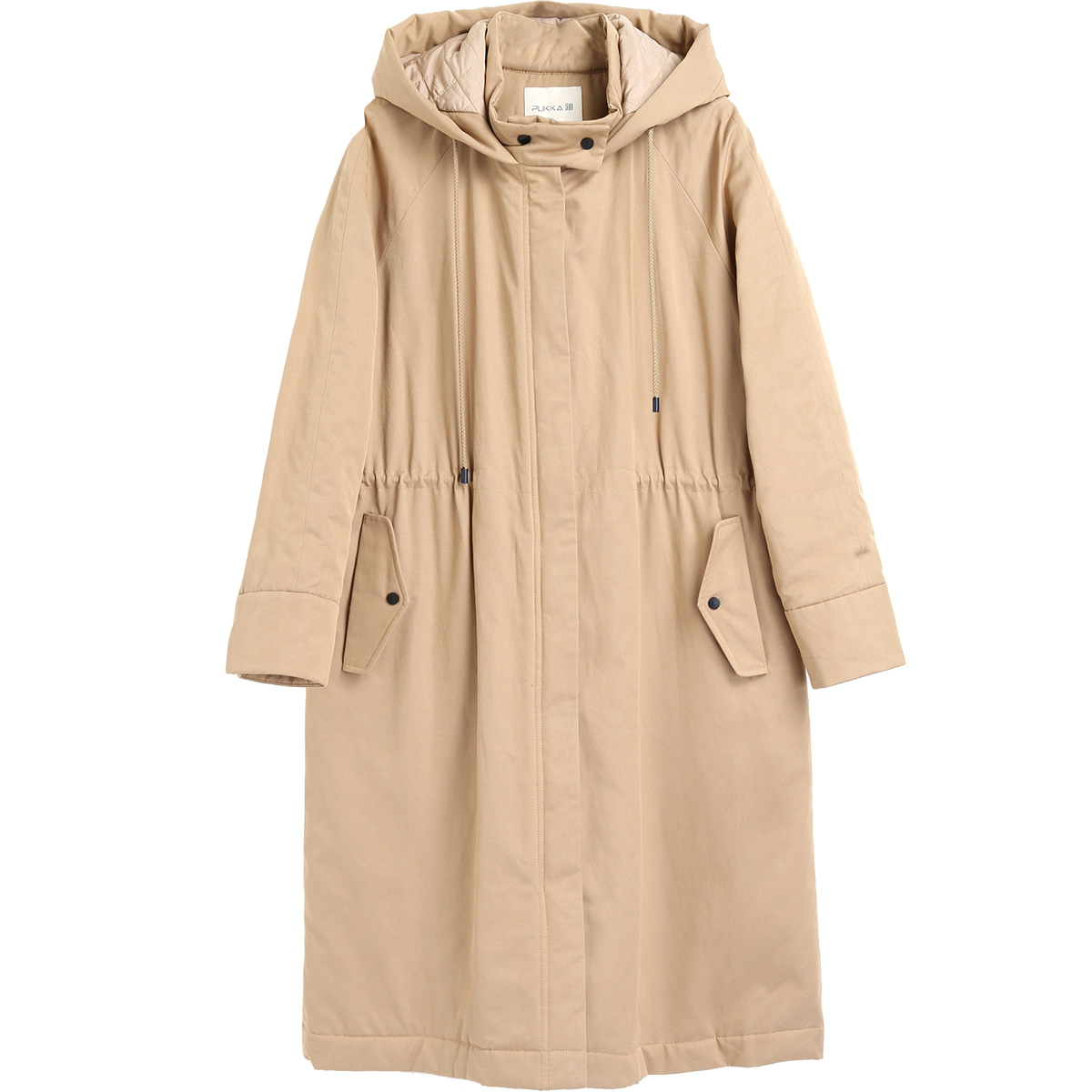 pukka商场同款女装棉衣中长宽松卡其色连帽棉服棉衣