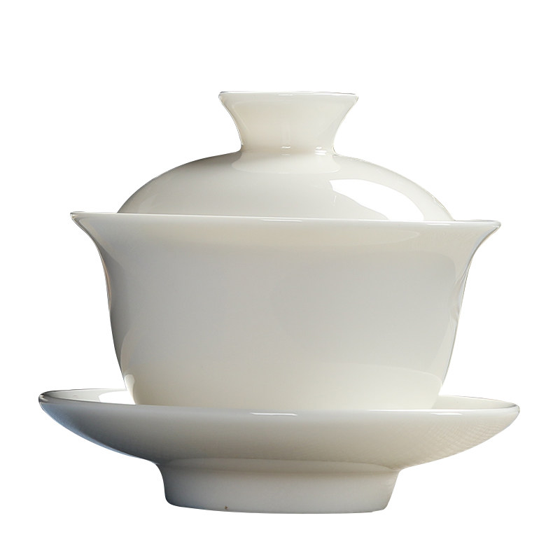 手工甜白三才盖碗茶杯景德镇薄胎白玉瓷泡茶碗日式家用功夫茶具