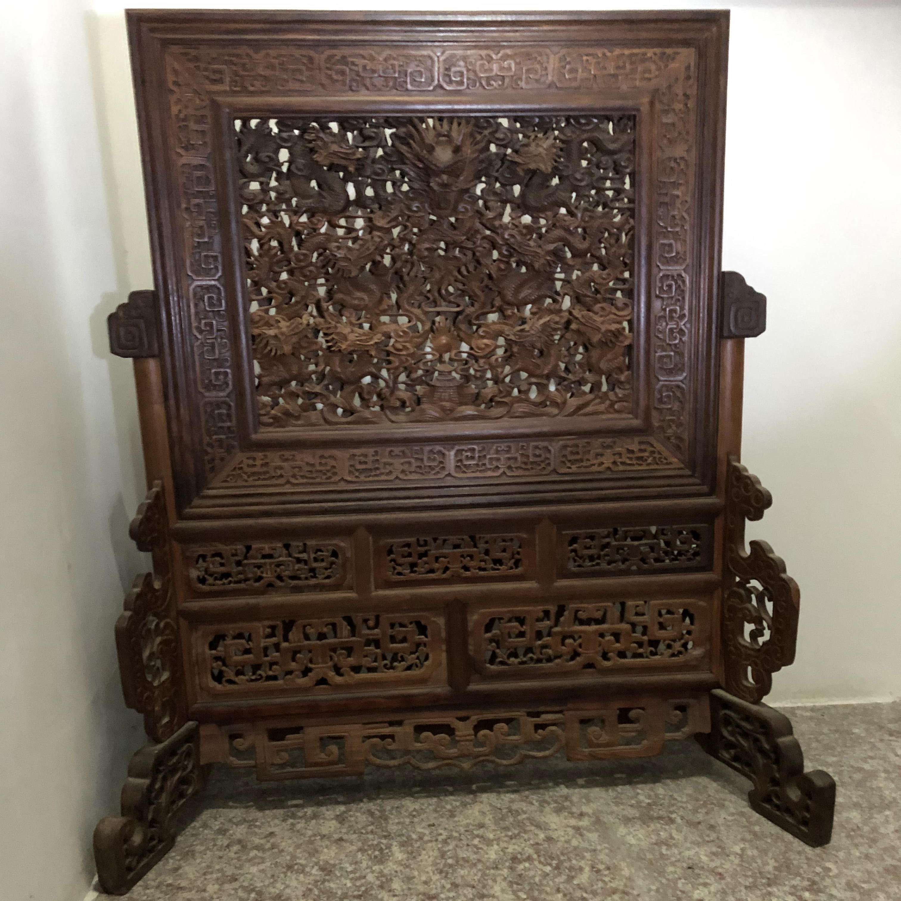 花梨木雕屏风摆件家居红木古玩招财实木工艺品木雕