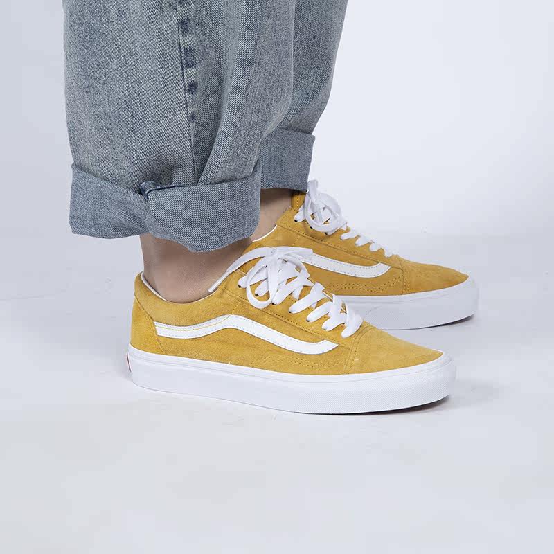 vansold school 女低帮翻毛运动休闲经典白黄滑板鞋 vn0a4bv5v77