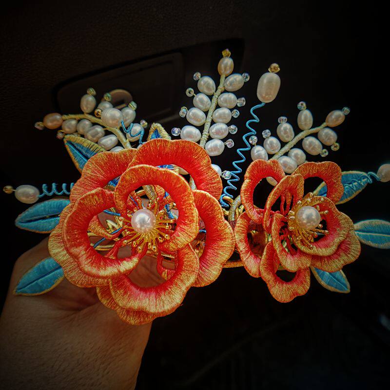 原创金边缠花牡丹发冠汉服配饰古风头饰饰品发饰