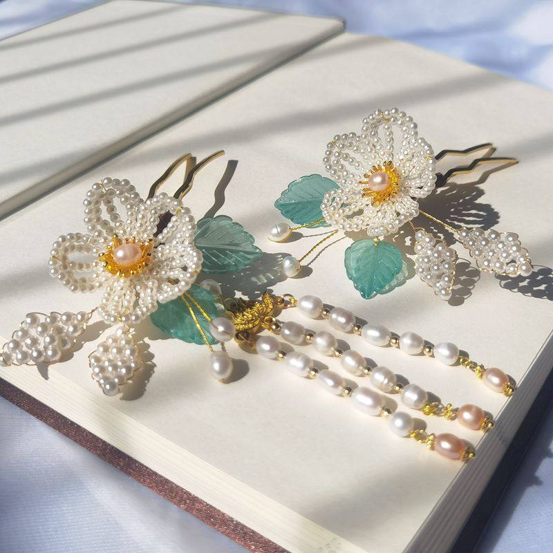 原创流苏发饰发簪唐风明配饰手工辑珠工艺米珠发饰