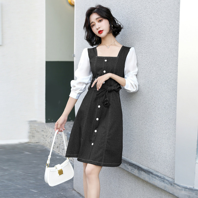 牛仔拼接收腰连衣裙女装秋款2020年新款韩版时尚气质淑女休闲裙子