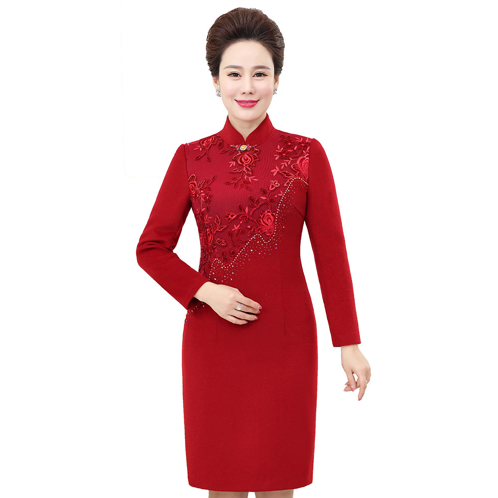 清凡2019秋冬薄羊毛婚宴旗袍连衣裙喜婆婆装婚礼妈妈装毛呢婚宴装