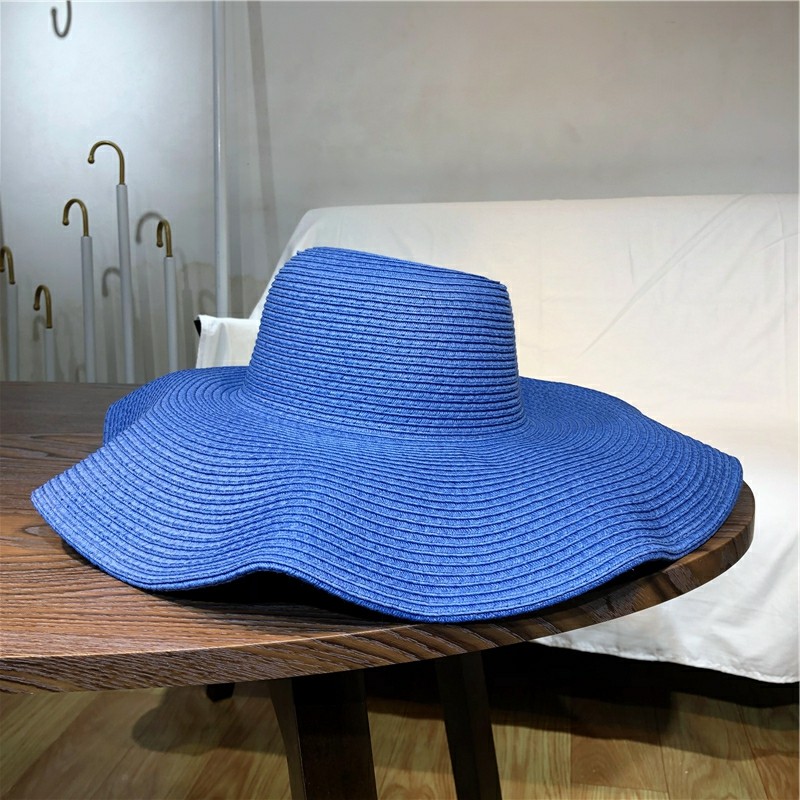 经典百搭宝蓝色可折叠大沿草帽夏天海边沙滩度假帽子