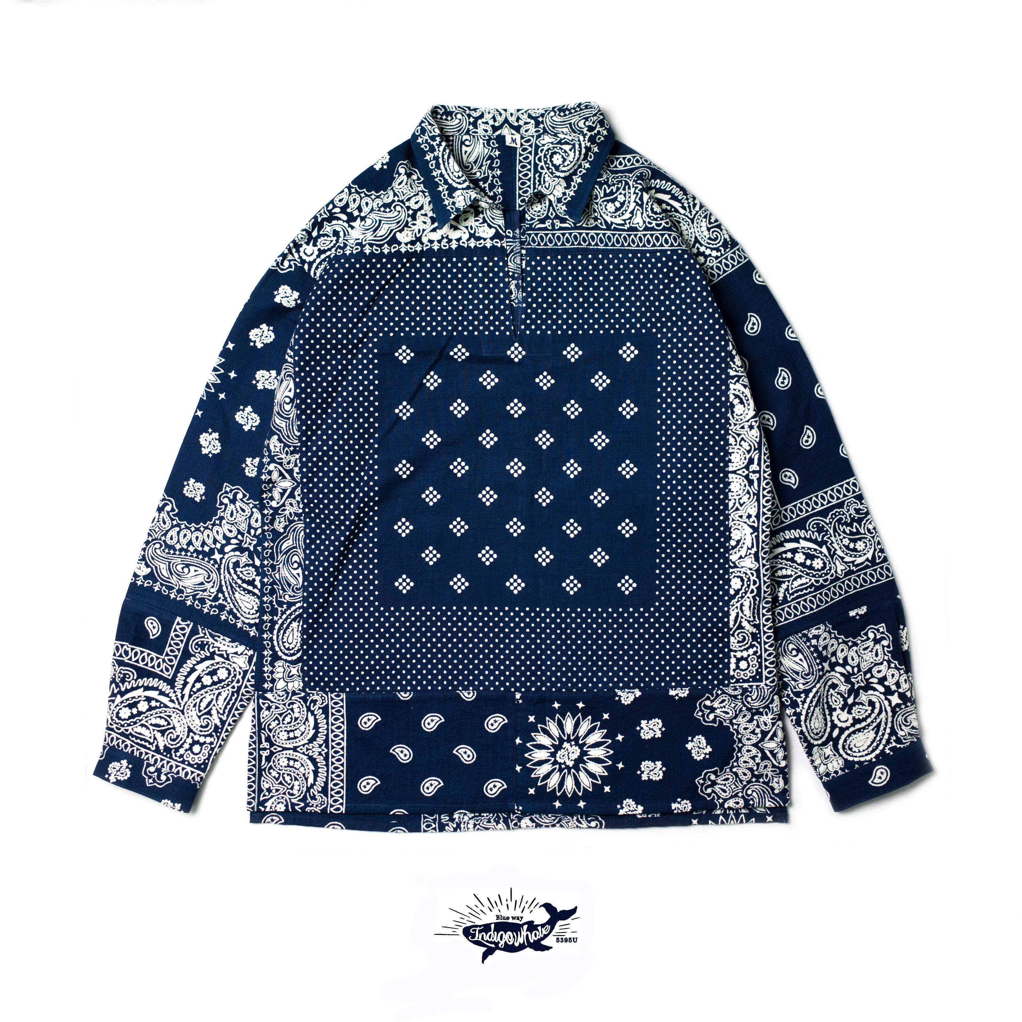 indigowhale 手工拔染蓝染腰果花波点拼接bandana tunic kerchief