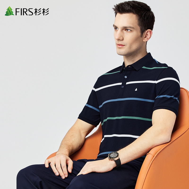 杉杉男装翻领短袖T恤男2022夏季新款纯棉条纹中青年休闲POLO衫
