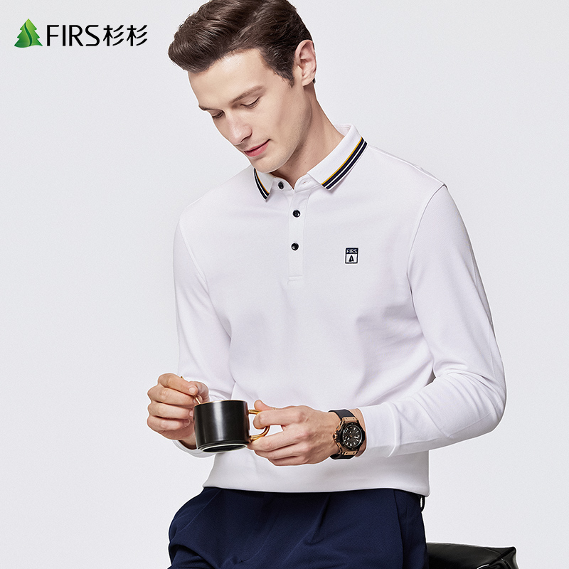 杉杉男装撞色翻领长袖T恤男2022秋季新款白色休闲百搭纯色POLO衫